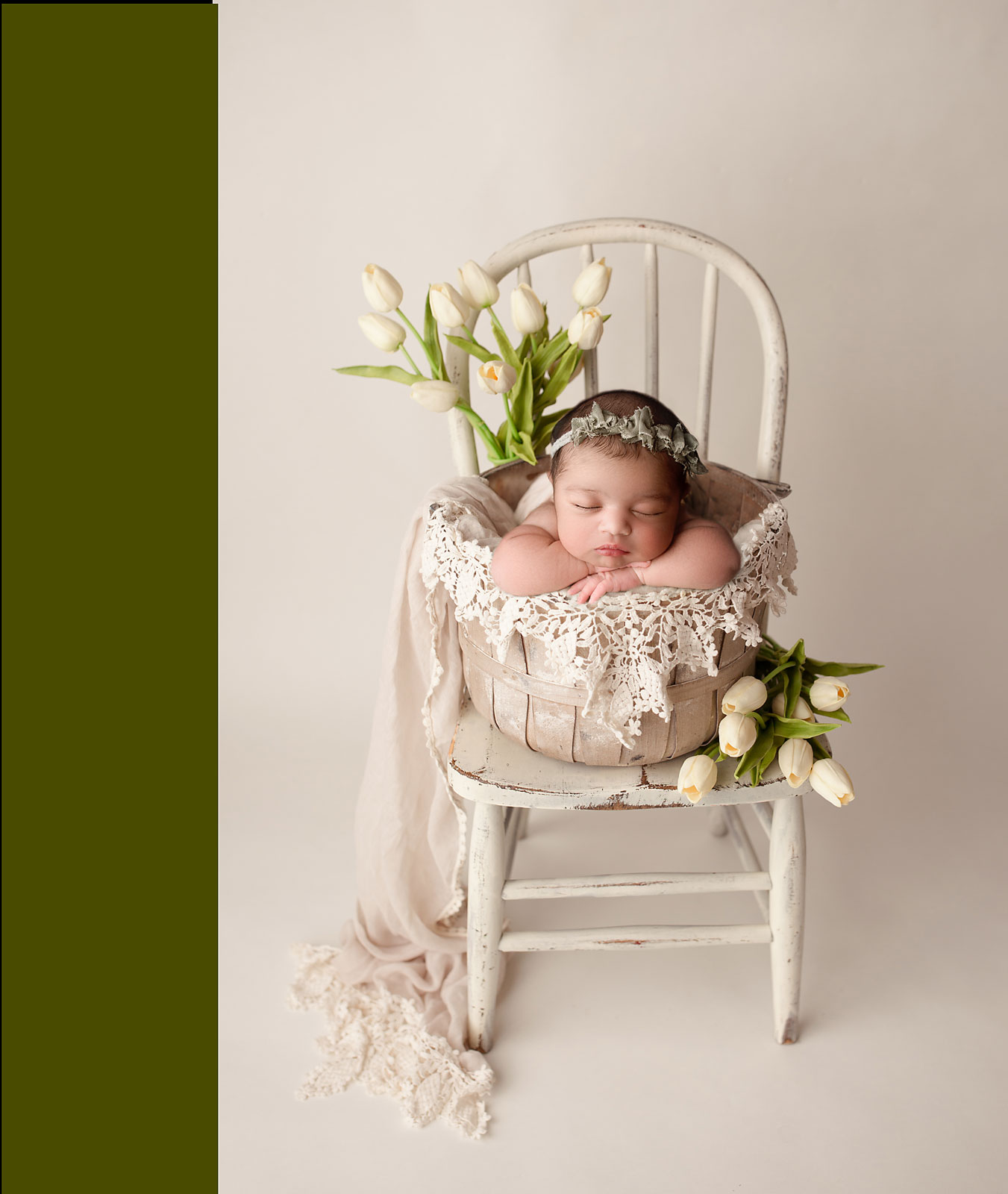 mercer county NJ baby photographer baby in a basket with white tulips