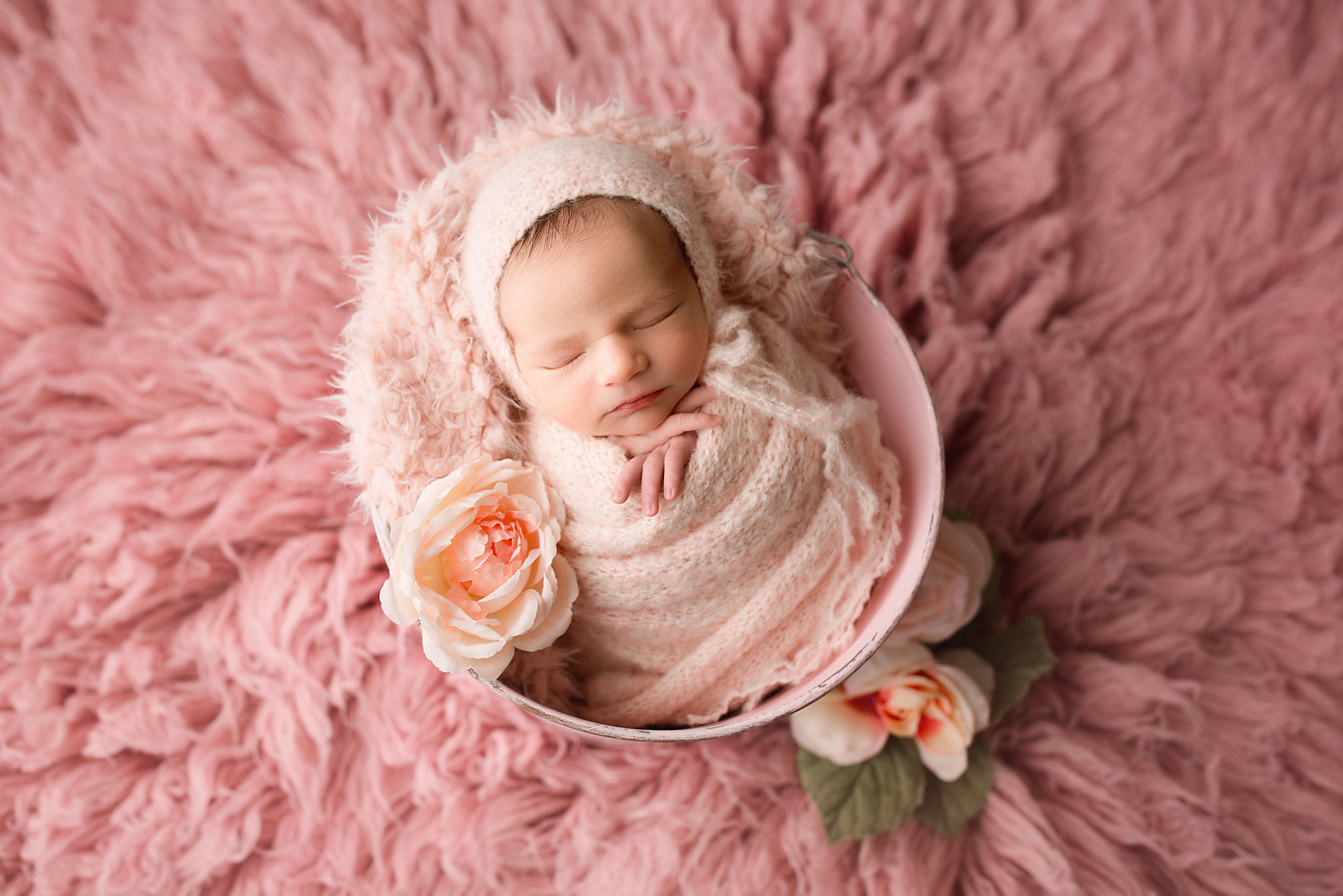 baby girl sleeping in a bucket newborn photographer nj morris county baby photography