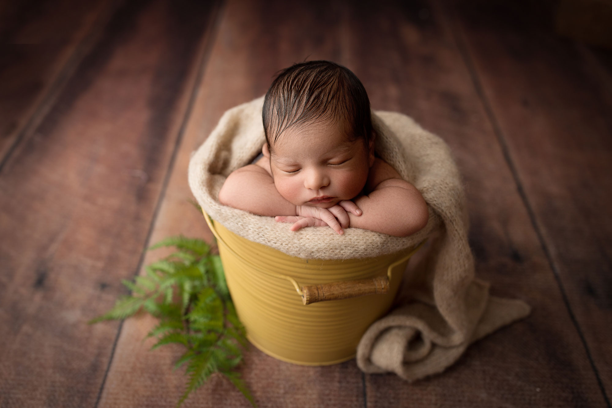 baby boy sleeping in a bucket Somerset county NJ newborn photo session 