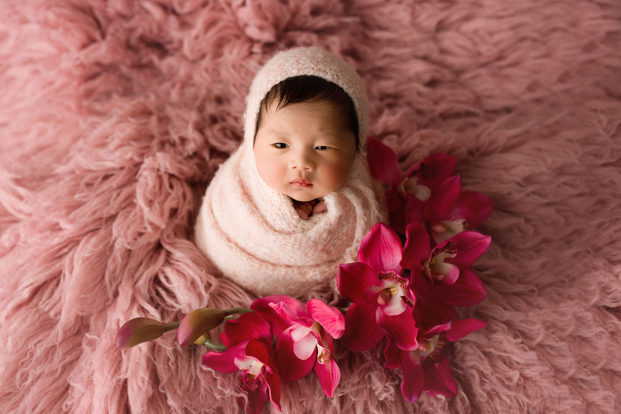 Newborn Photographer Bergen County NJ baby awake on a pink flokati