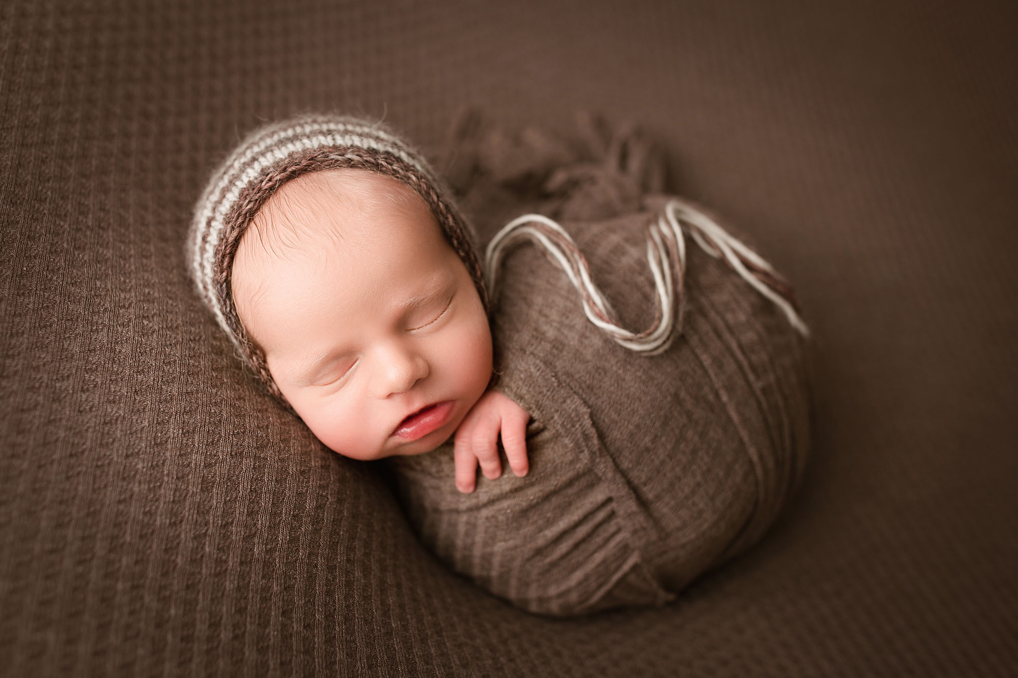 baby photography new jersey, sleeping baby in brown swaddle