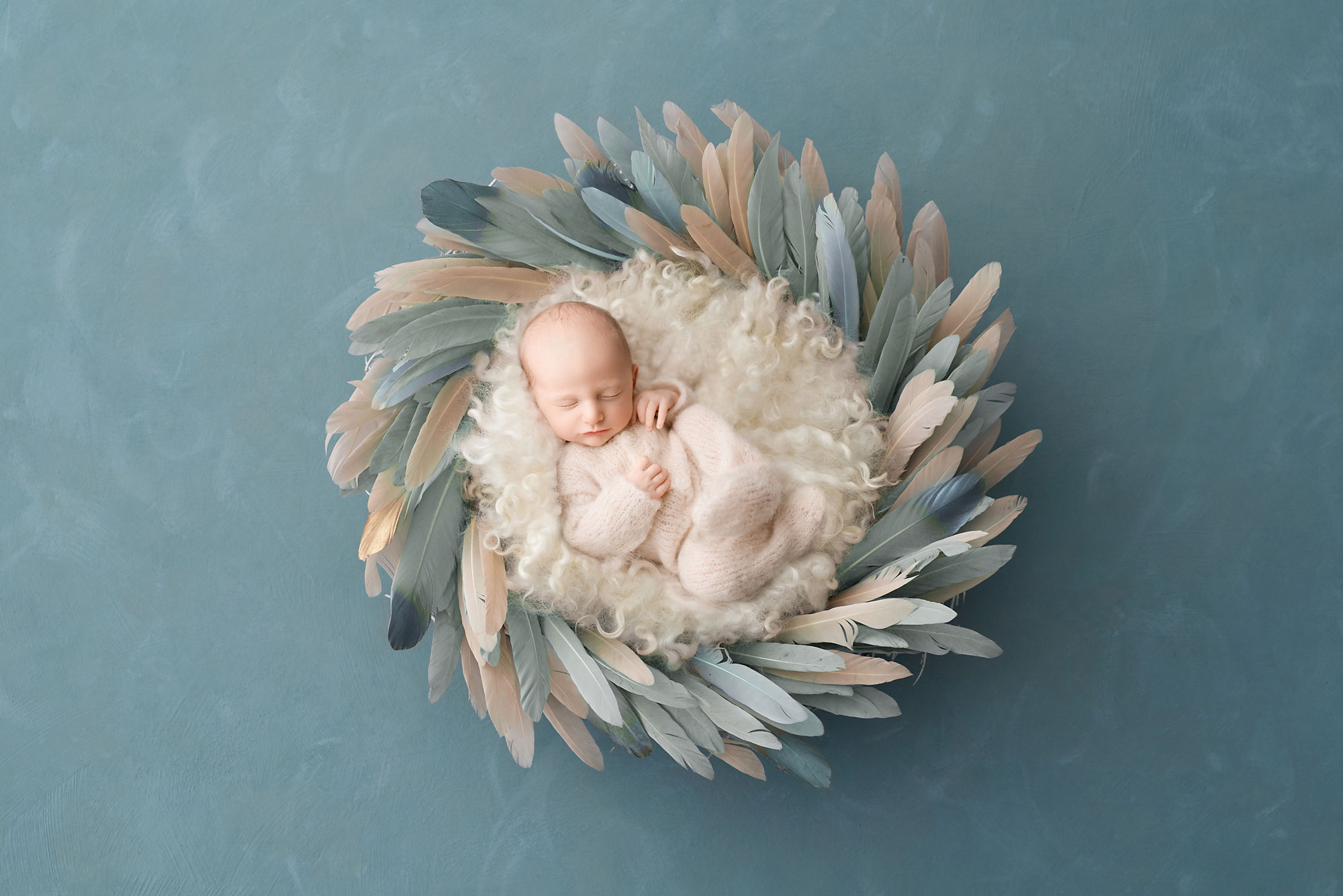 newborn photographer near berkeley heights, baby boy in blue and cream feather nest