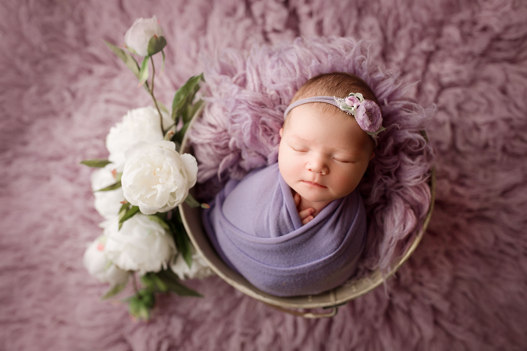 newborn baby photo session near Flemington NJ, lavender theme with purple fur and baby girl sleeping in bucket