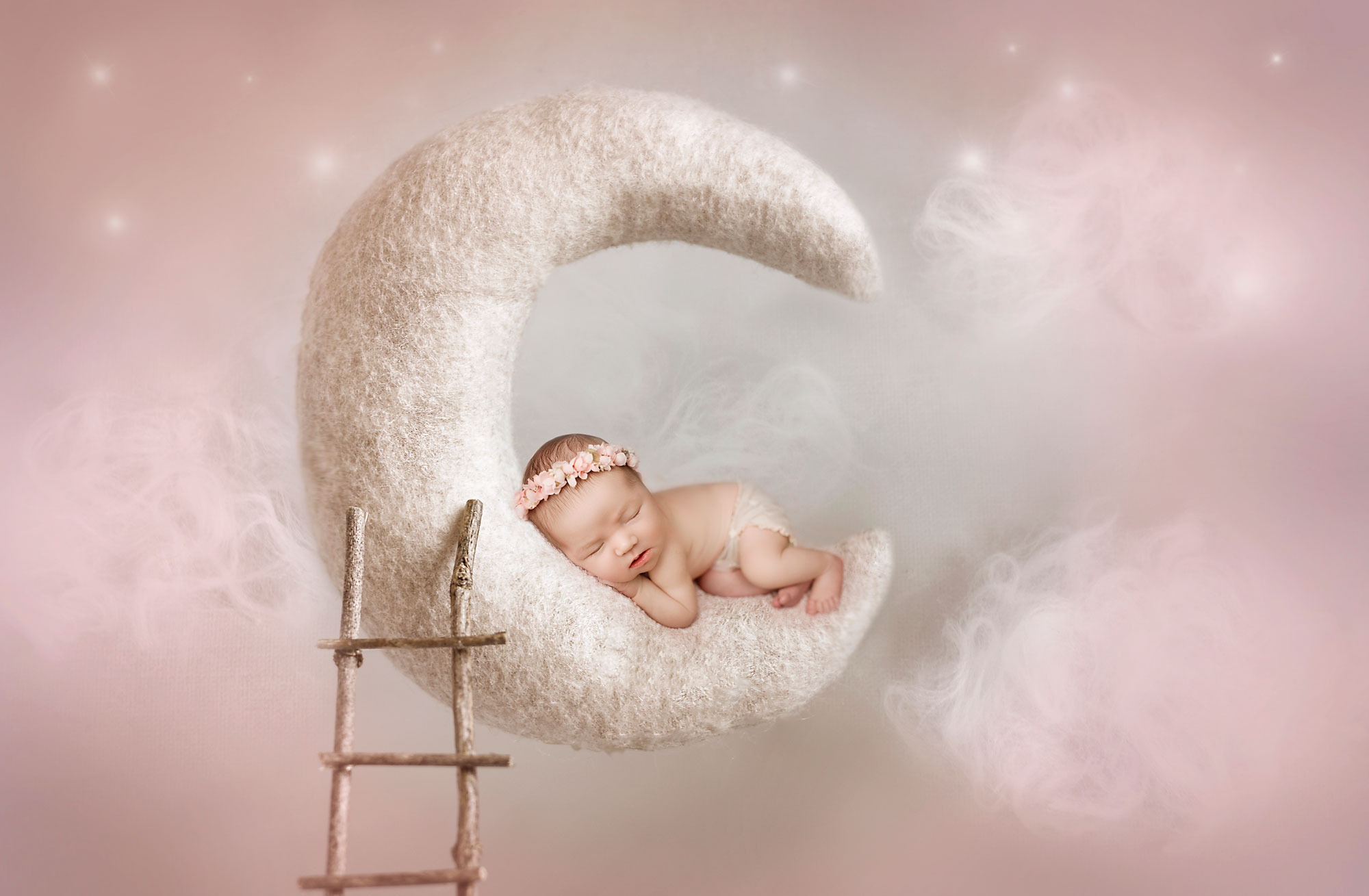studio newborn photography New Jersey, baby sleeping on moon