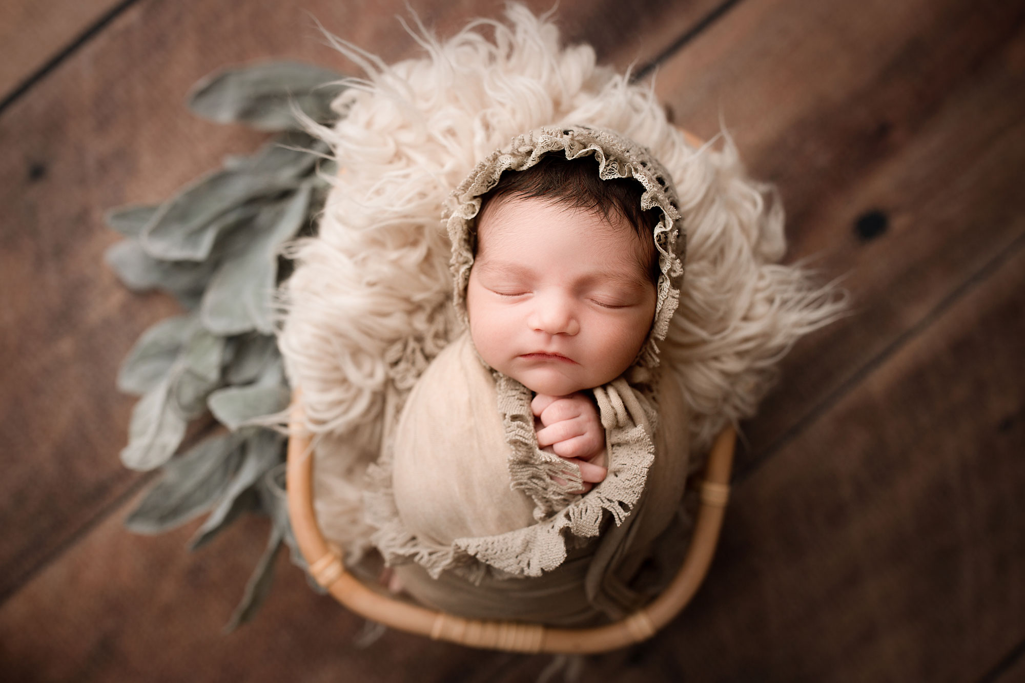 studio newborn photography new jersey, baby girl in lacy swaddle with fur and leaves