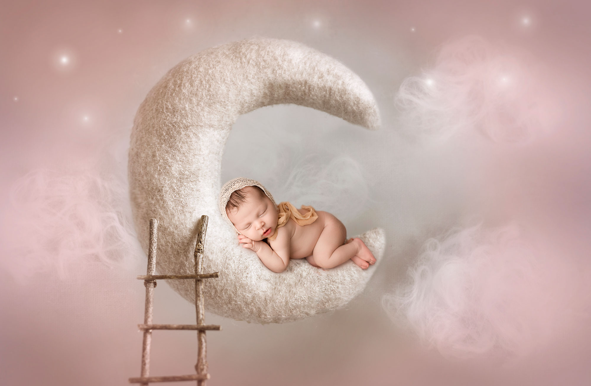union county nj newborn photographer, baby asleep on moon prop with ladder and pink sky backdrop