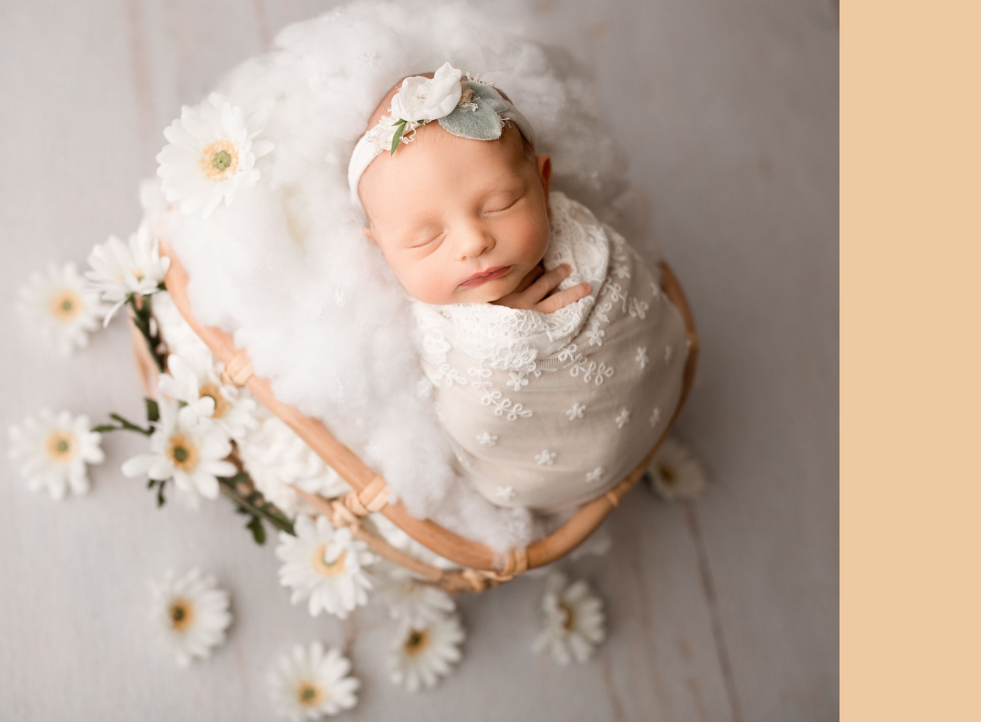 beautiful newborn photography nj, baby girl asleep on fluffy white blanket with daisies