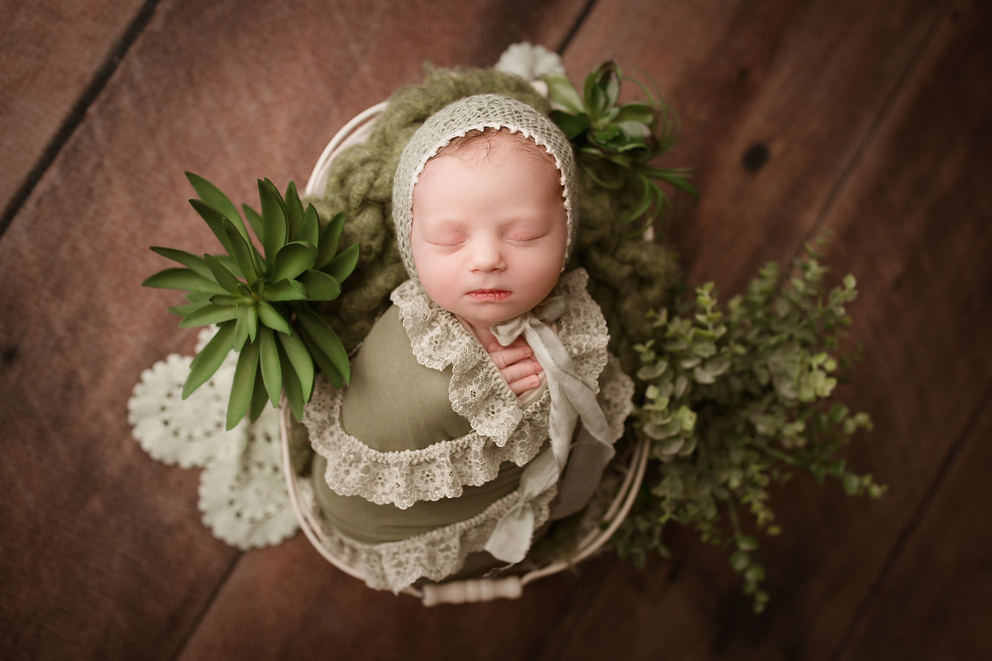 baby girl portraits raritan nj, baby girl in olive green swaddle asleep in bucket with greenery against wood backdrop