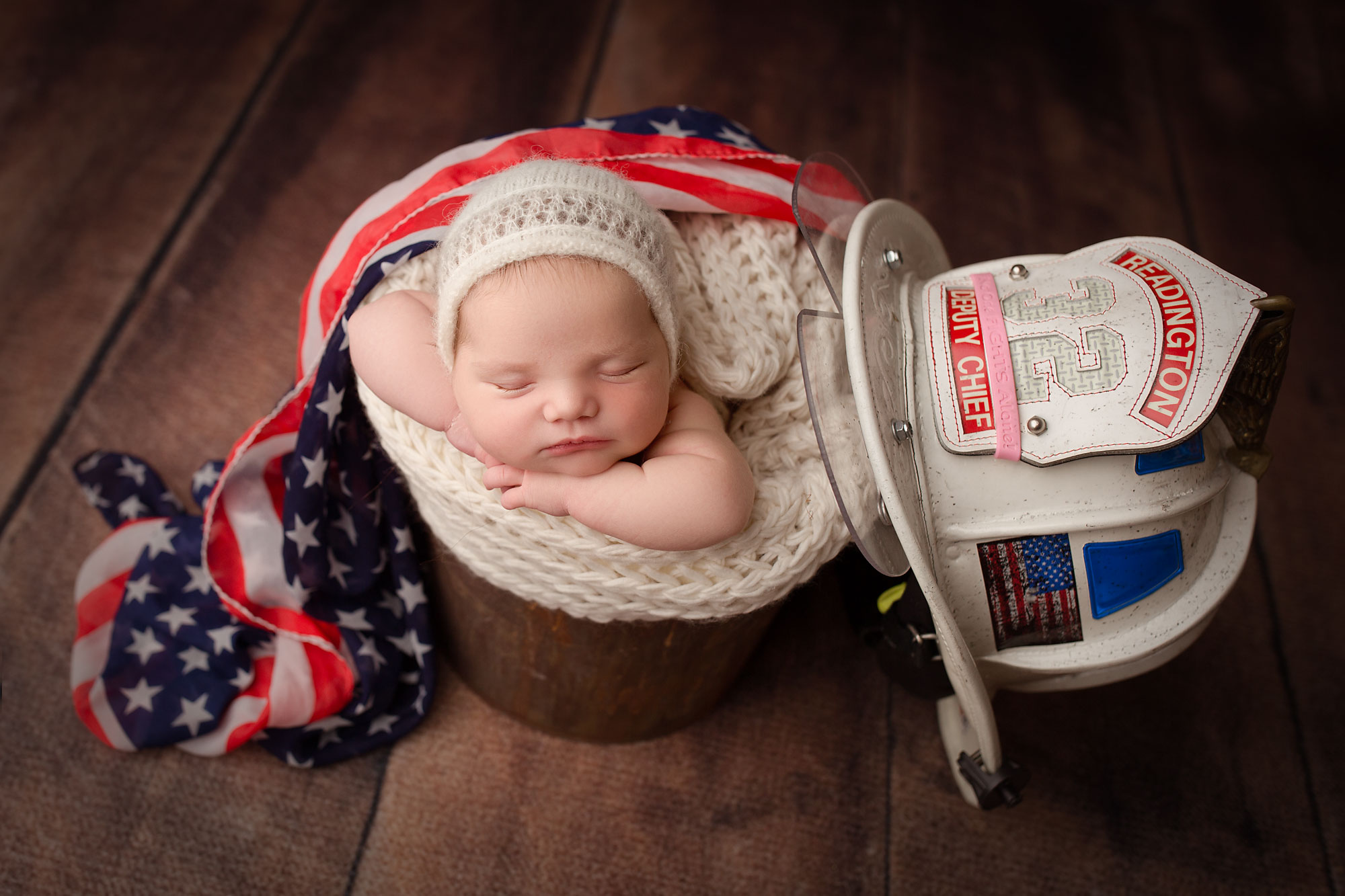 personalized baby pictures new jersey, baby girl with American flag and fireman's helmet