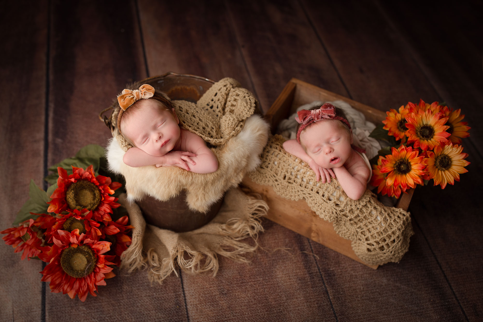 twin baby images, twin girls asleep in rustic fall setup with bucket, wood box, and flowers