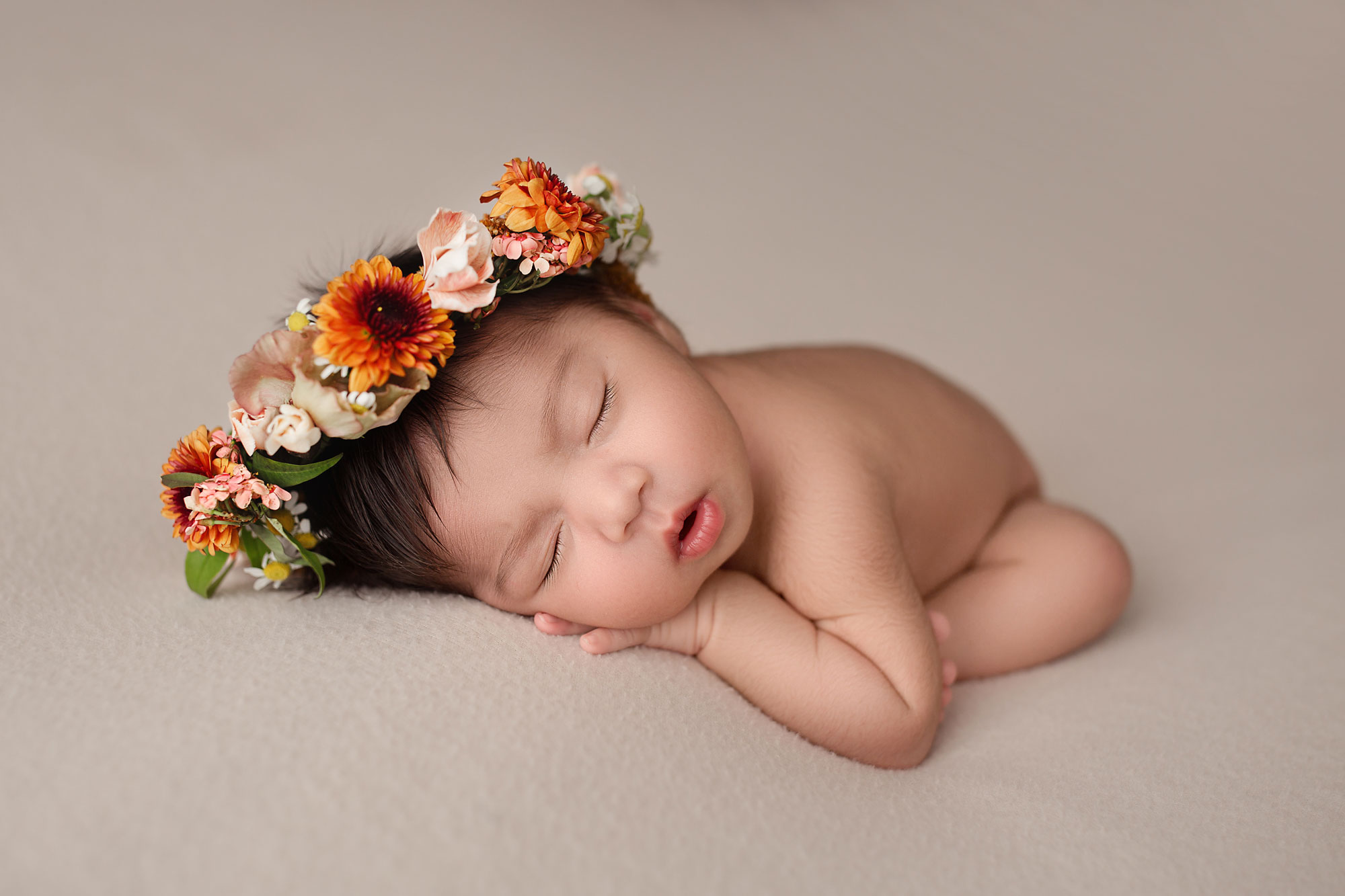 new jersey baby pictures, naked baby wearing flower crown