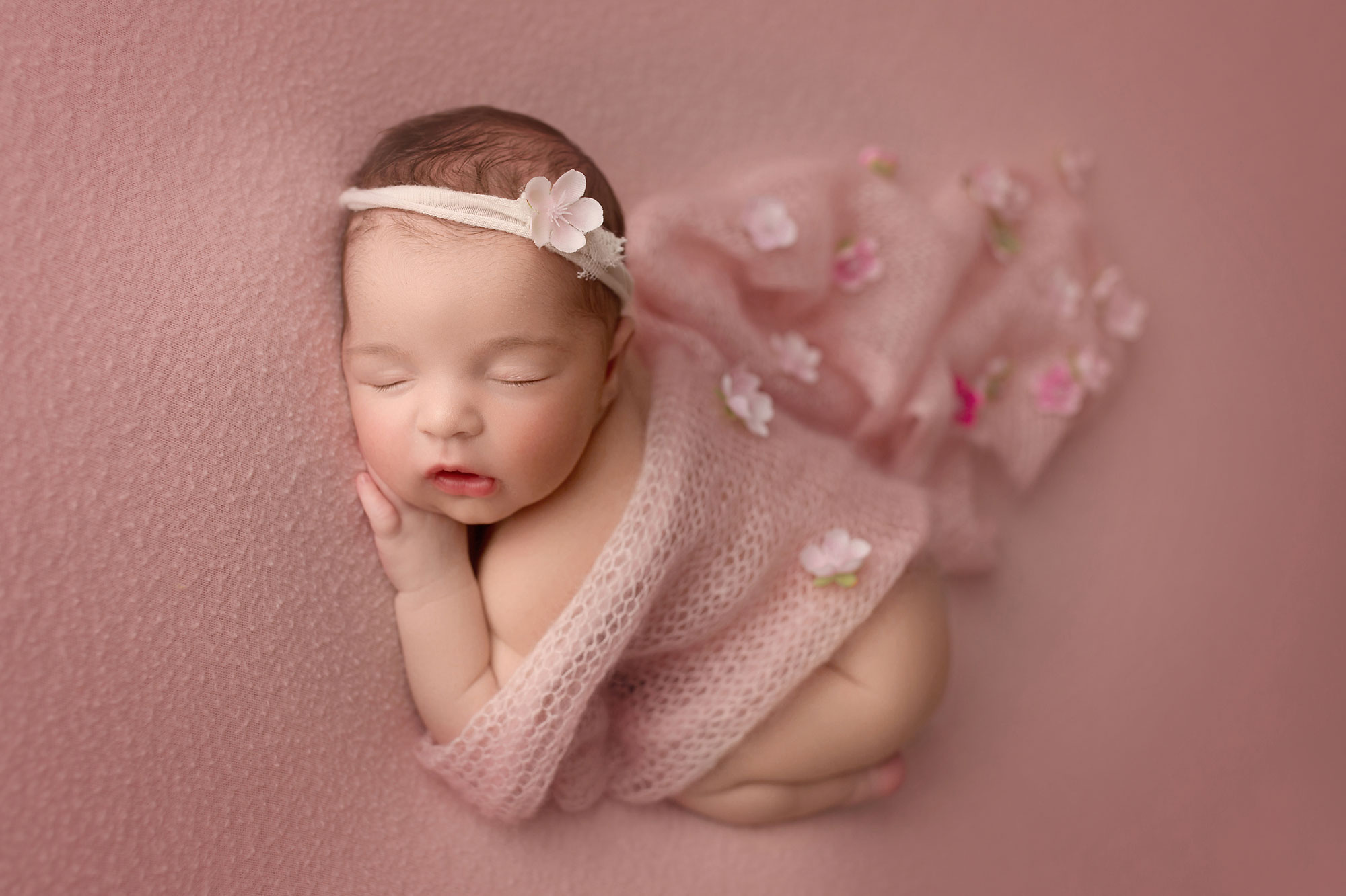 newborn photography session morris county nj, baby girl asleep in pink flower blanket