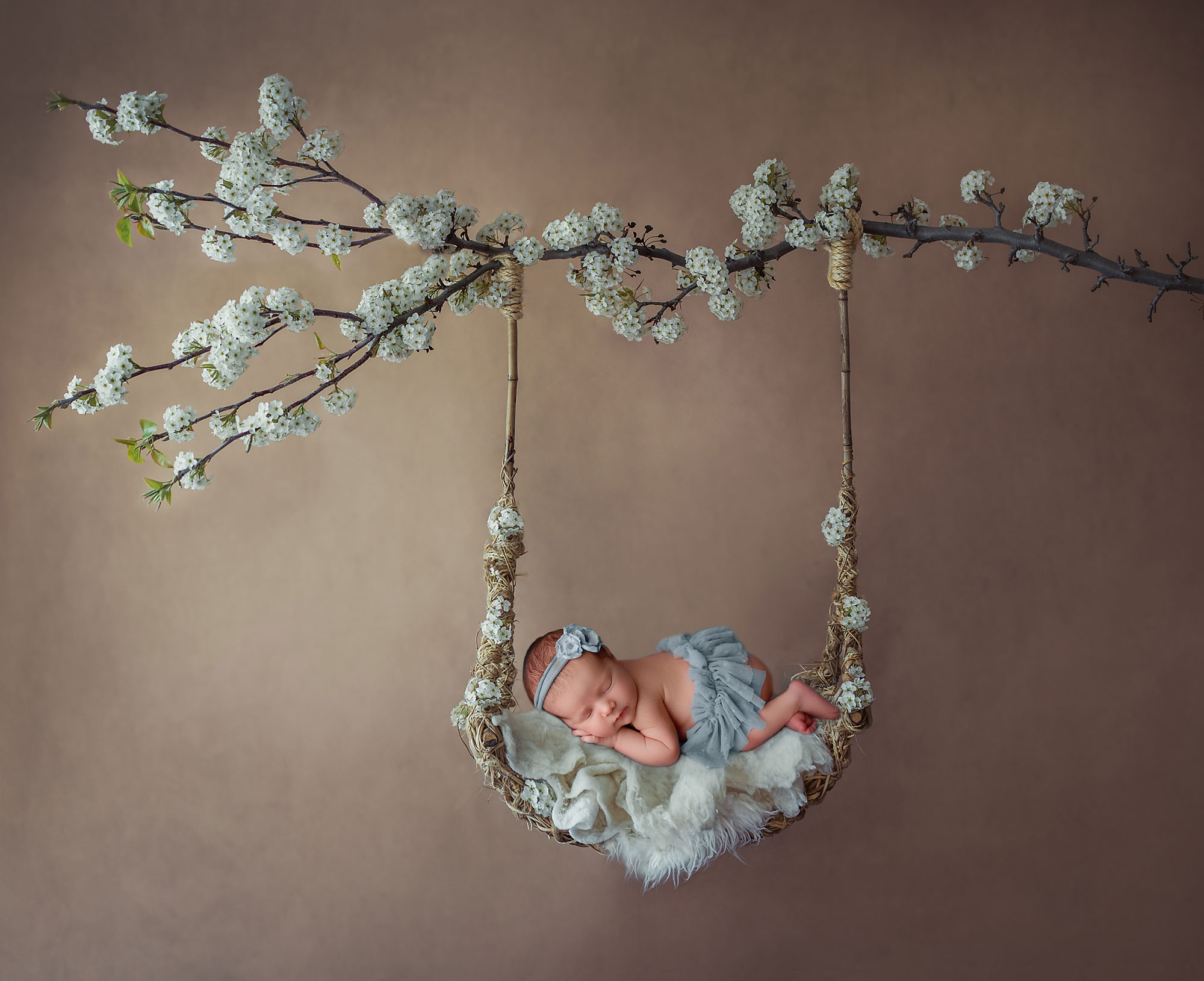 baby girl photography new jersey, baby in blue tutu sleeping in swing with blossoms