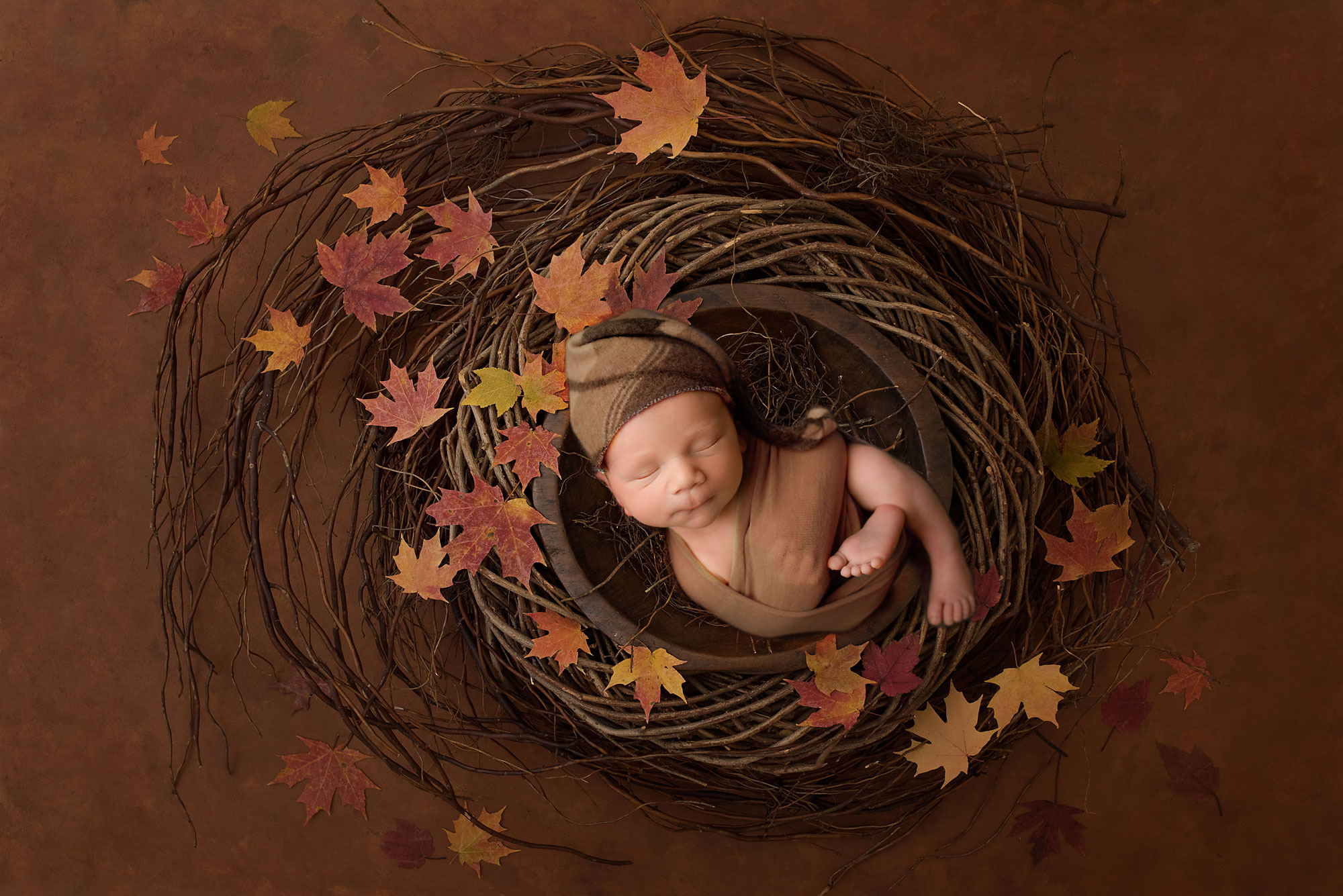baby boy sleeping in a wooden prop surrounded by leaves 