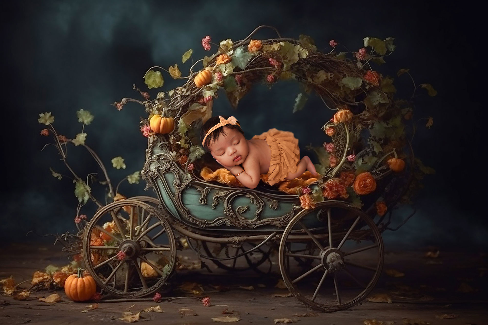 baby girl sleeping in a carriage decorated in fall colors 